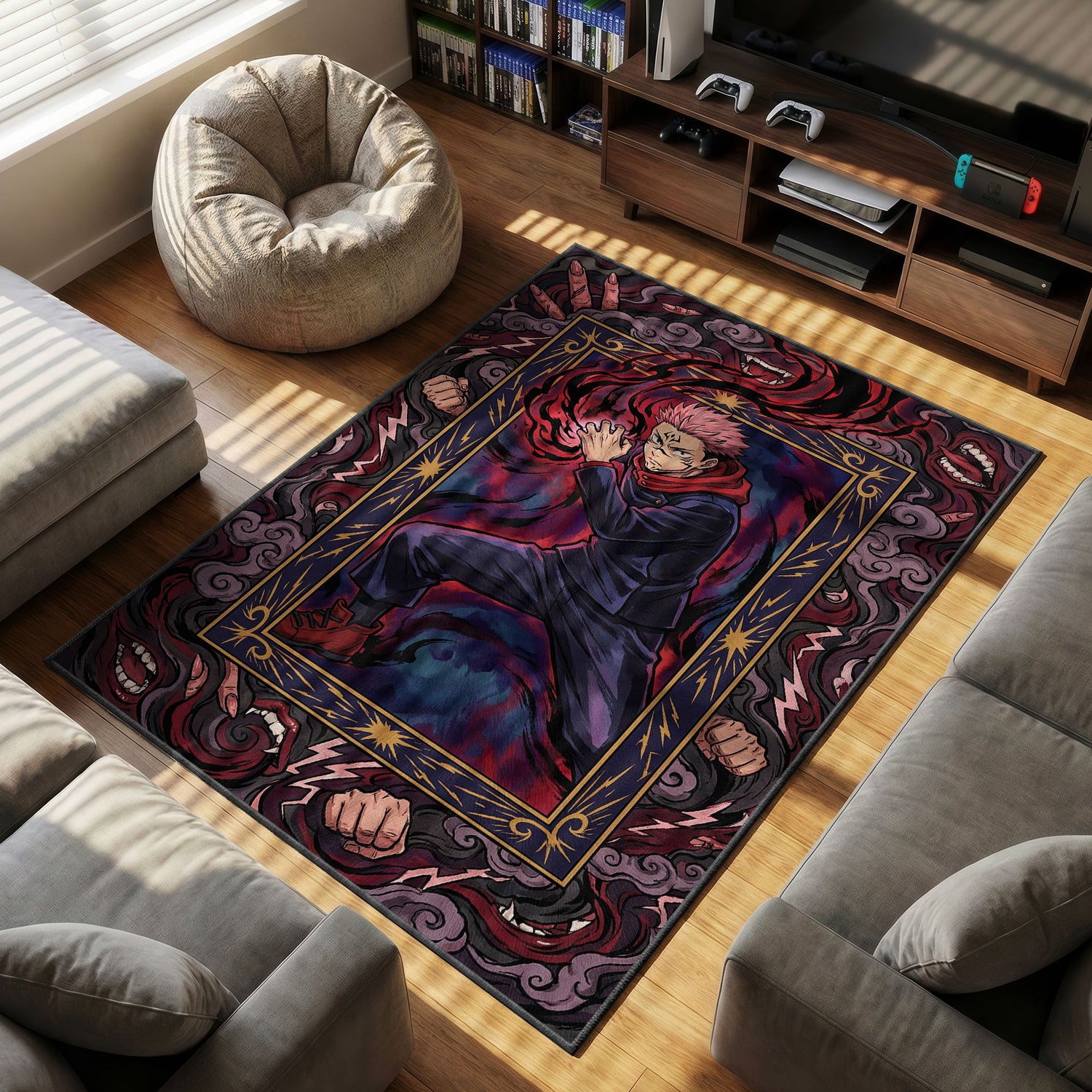 Yuji Itadori themed area rug for home decor fans
