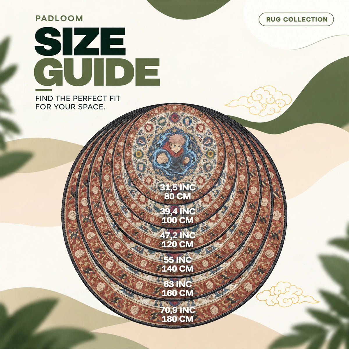 Yuji Punching round rug size guide, 80 to 180 cm (31.5 to 70.9 in)