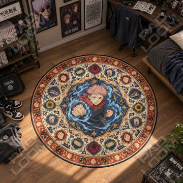 Yuji Punching Jujutsu Kaisen round rug on a bedroom floor - Jujutsu Kaisen chair mat