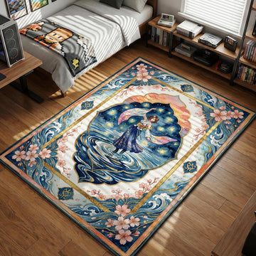 Yuna performing the celestial Sending ritual on water with pyreflies in watercolor style gaming area rug and floor mat