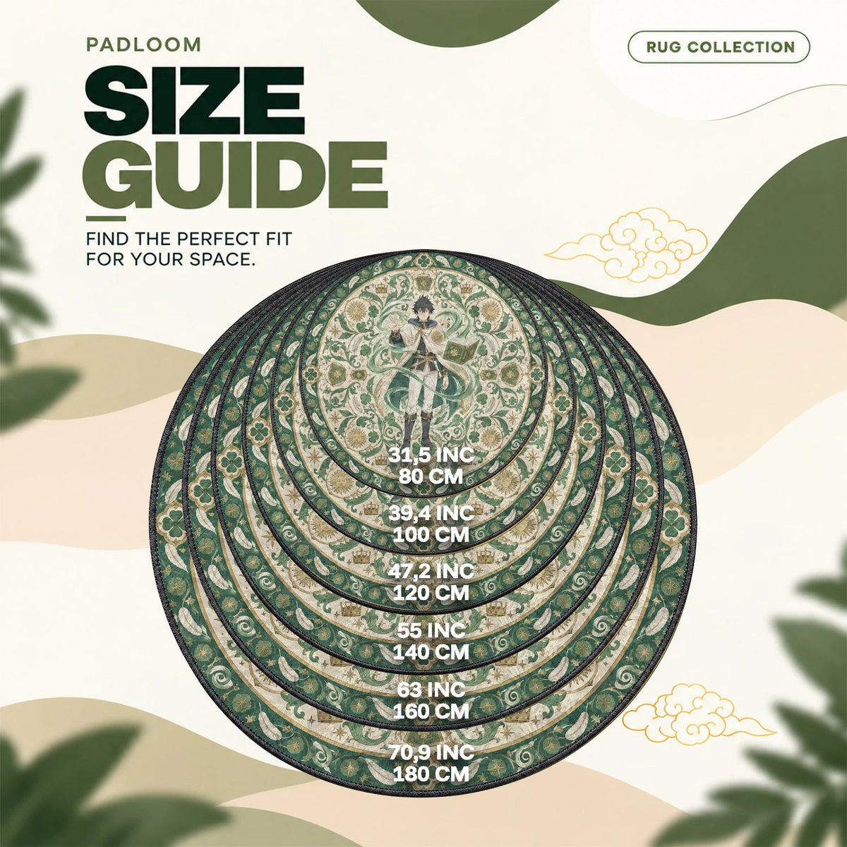 Yuno Grimoire round rug size guide, 80 to 180 cm (31.5 to 70.9 in)