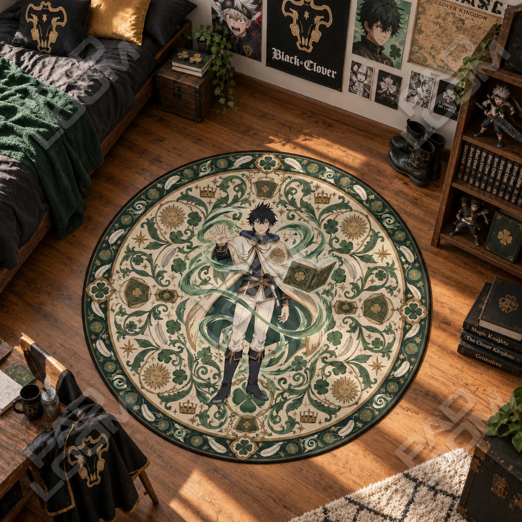 Yuno Grimoire round rug shown in a styled room - Black Clover area rug