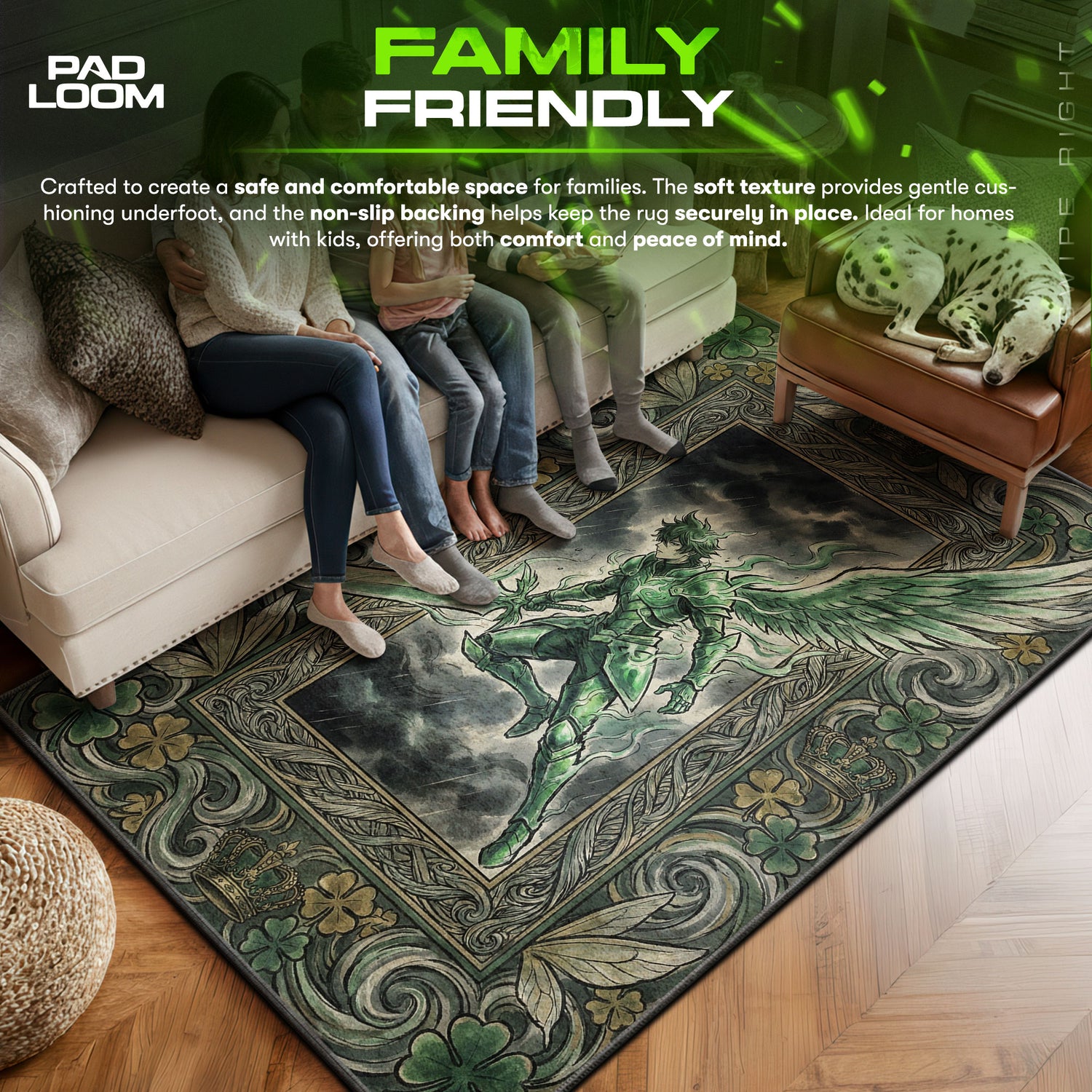 Yuno area rug showing full home decor artwork