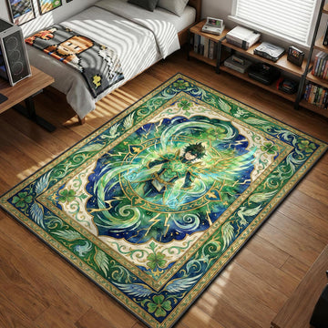 Yuno in Spirit Dive form surrounded by green wind magic and four leaf clovers area rug and floor mat