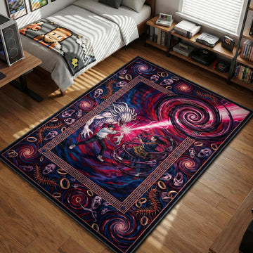 Tapestry-style anime rug depicting Yuta Okkotsu and Rika unleashing a pink energy blast against Suguru Geto's swirling Uzumaki vortex, framed by a dark border of centipedes and screaming faces.
