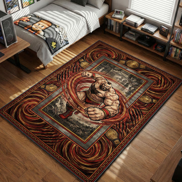 Zangief performing spinning double lariat attack in industrial factory setting with gears and wrestling belts illustrative gaming area rug and floor mat