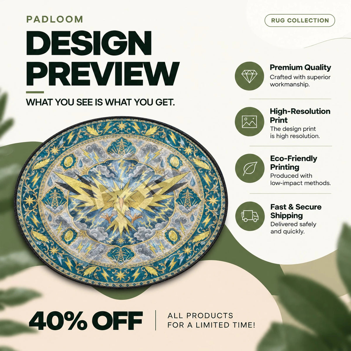 Zapdos Soaring Pokemon round rug full design preview