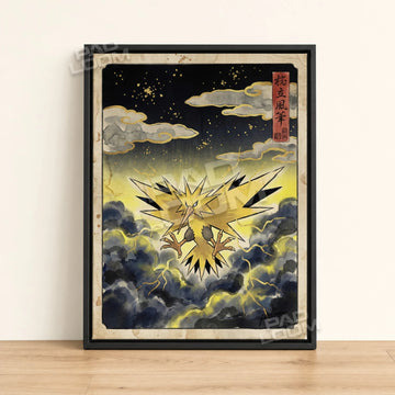 Zapdos Storm Pokemon poster - framed canvas wall art in a black frame