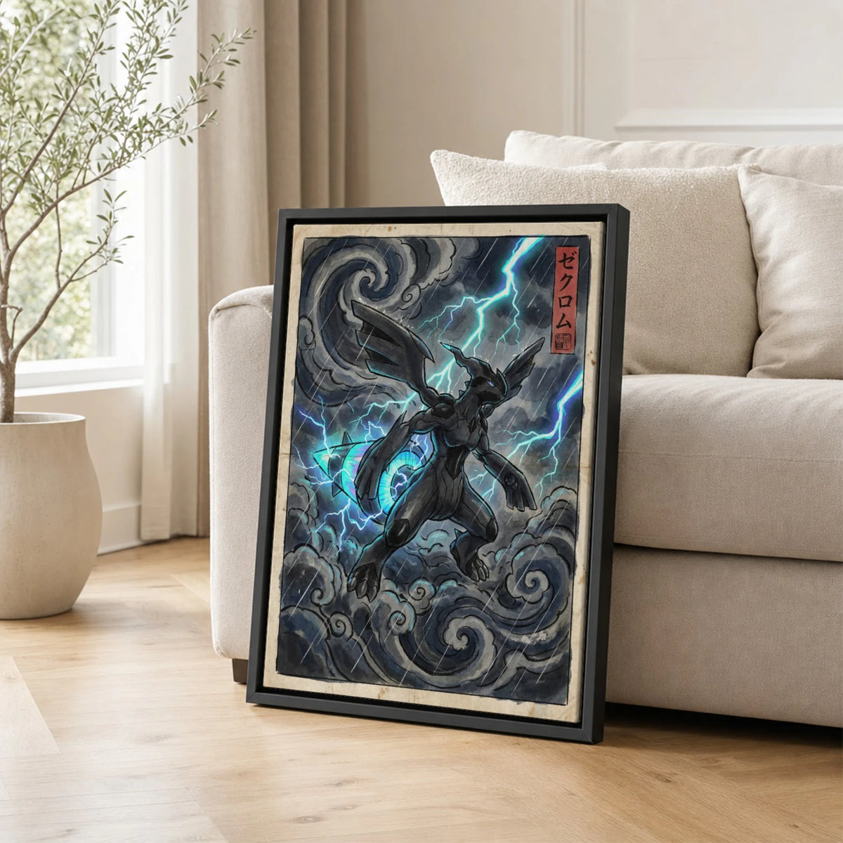 Zekrom Storm Pokemon poster leaning beside a sofa - living room wall art