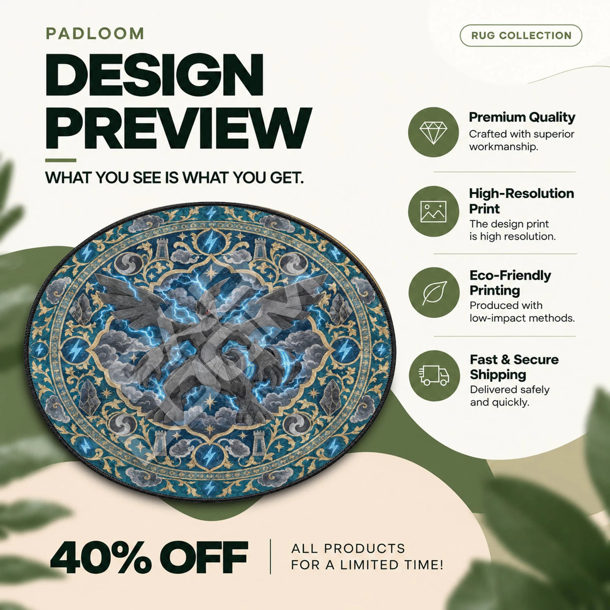 Zekrom Storm Pokemon round rug full design preview