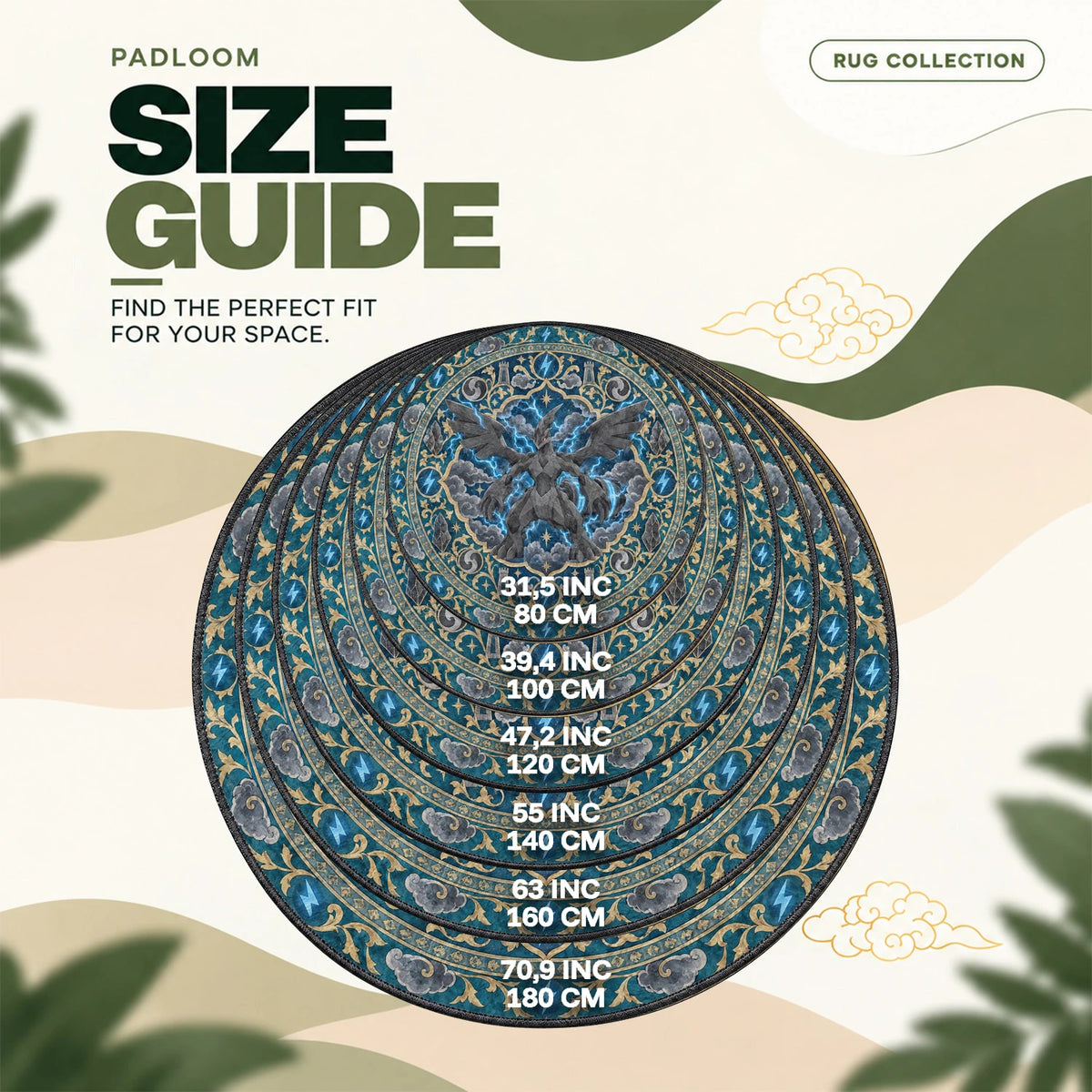 Zekrom Storm round rug size guide, 80 to 180 cm (31.5 to 70.9 in)