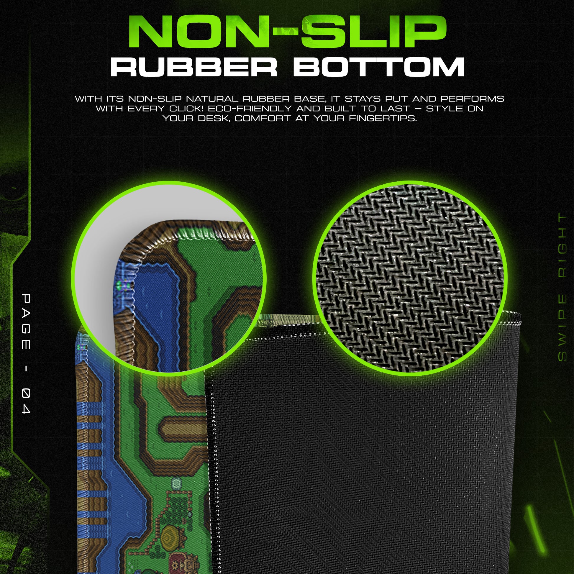Product packaging with non-slip rubber bottom feature highlighted on a dark background.
