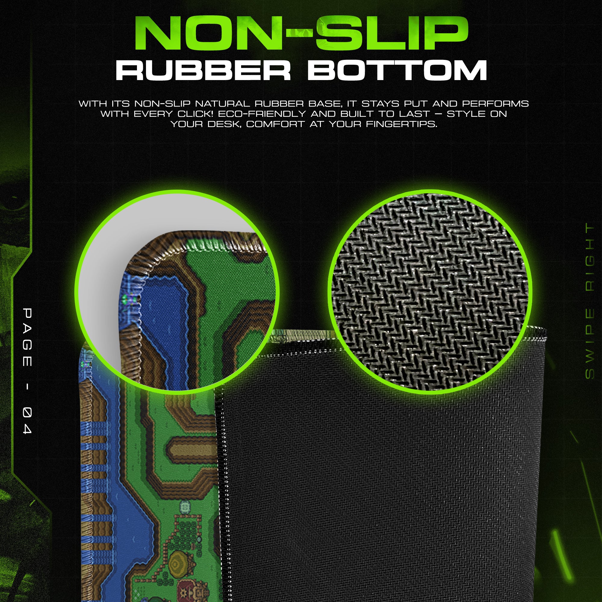 Product packaging with non-slip rubber bottom feature highlighted on a dark background.