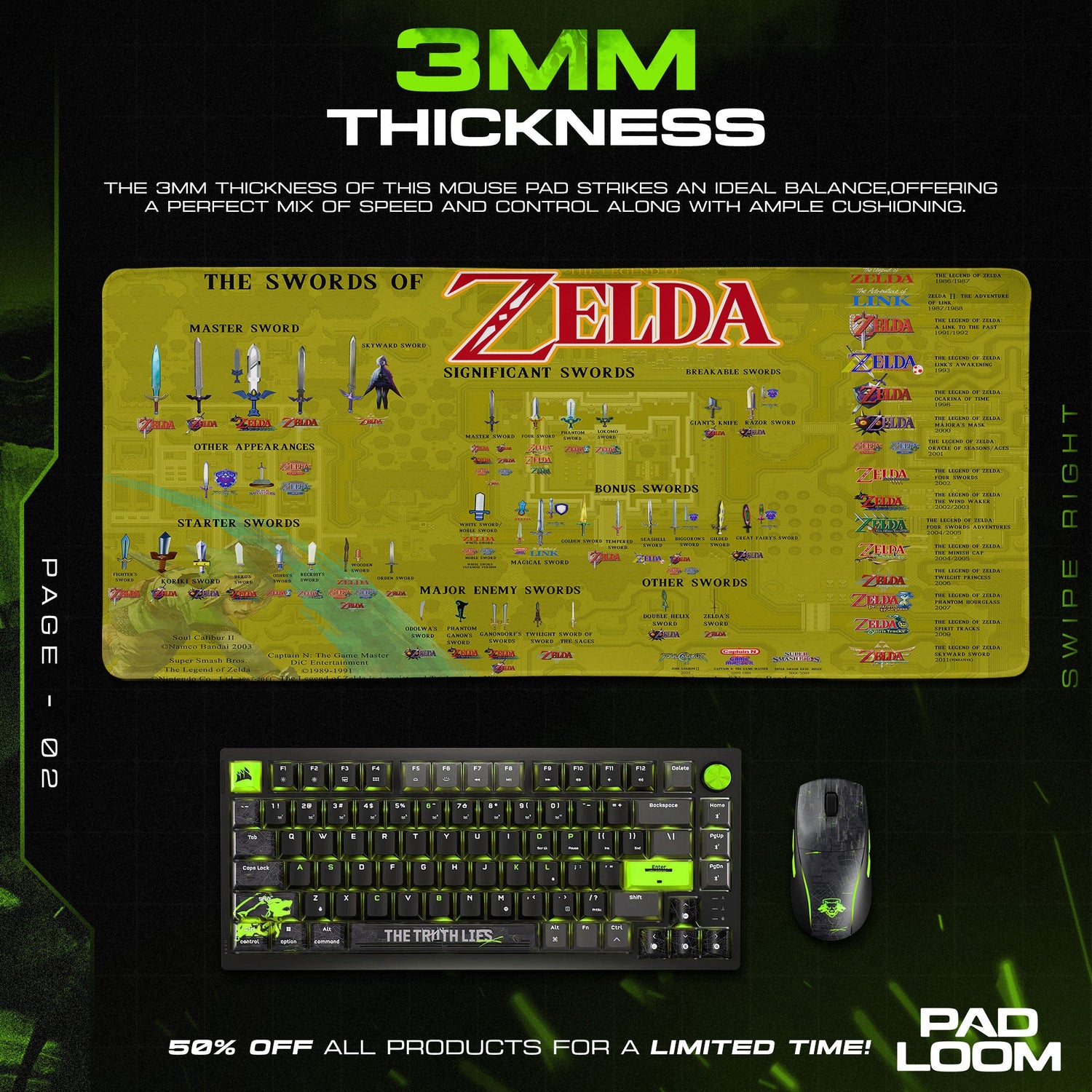 Zelda Swords of Legend Mouse Pad, Game Gamer Desk Mat Padloom