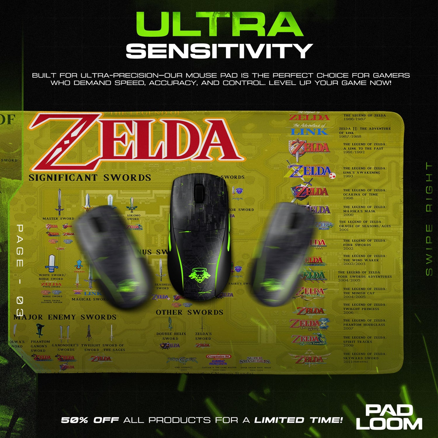 Zelda Swords of Legend Mouse Pad, Game Gamer Desk Mat Padloom