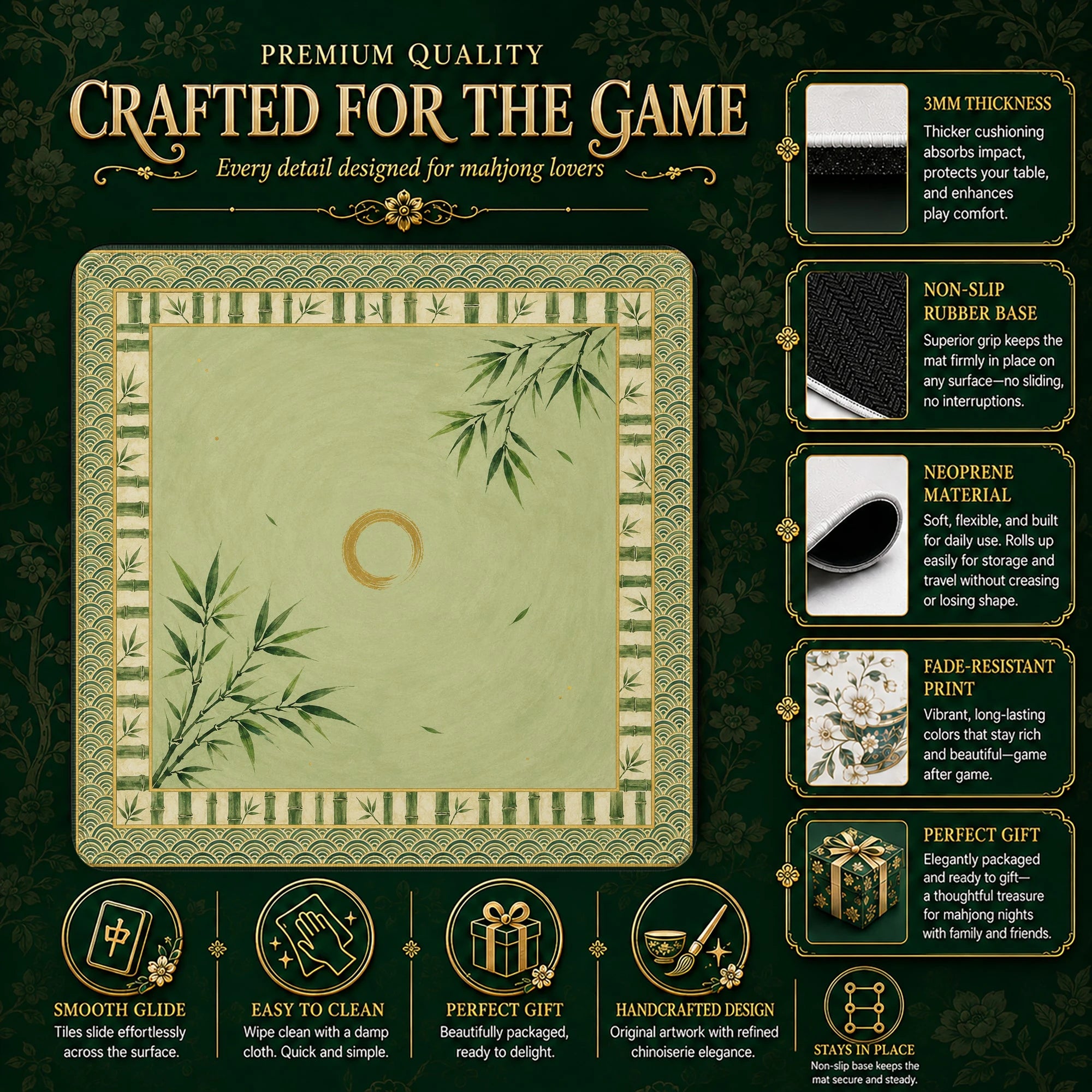 Zen Bamboo mahjong mat – M (60x60 cm) and L (81x81 cm) sizes