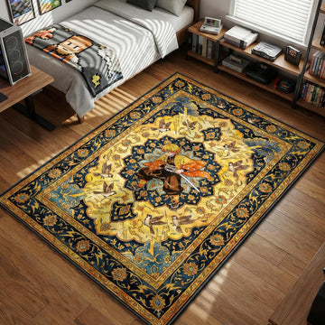 Zenitsu Agatsuma in sleeping battle stance surrounded by lightning bolts and sparrows in a Persian style area rug and floor mat