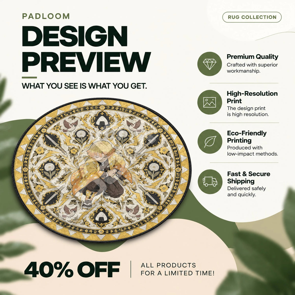 Zenitsu Crouching Demon Slayer round rug full design preview