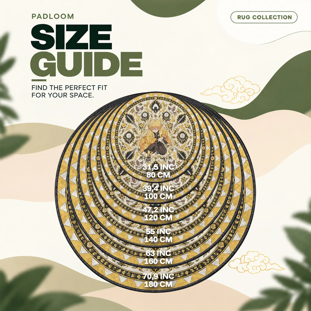 Zenitsu Crouching round rug size guide, 80 to 180 cm (31.5 to 70.9 in)