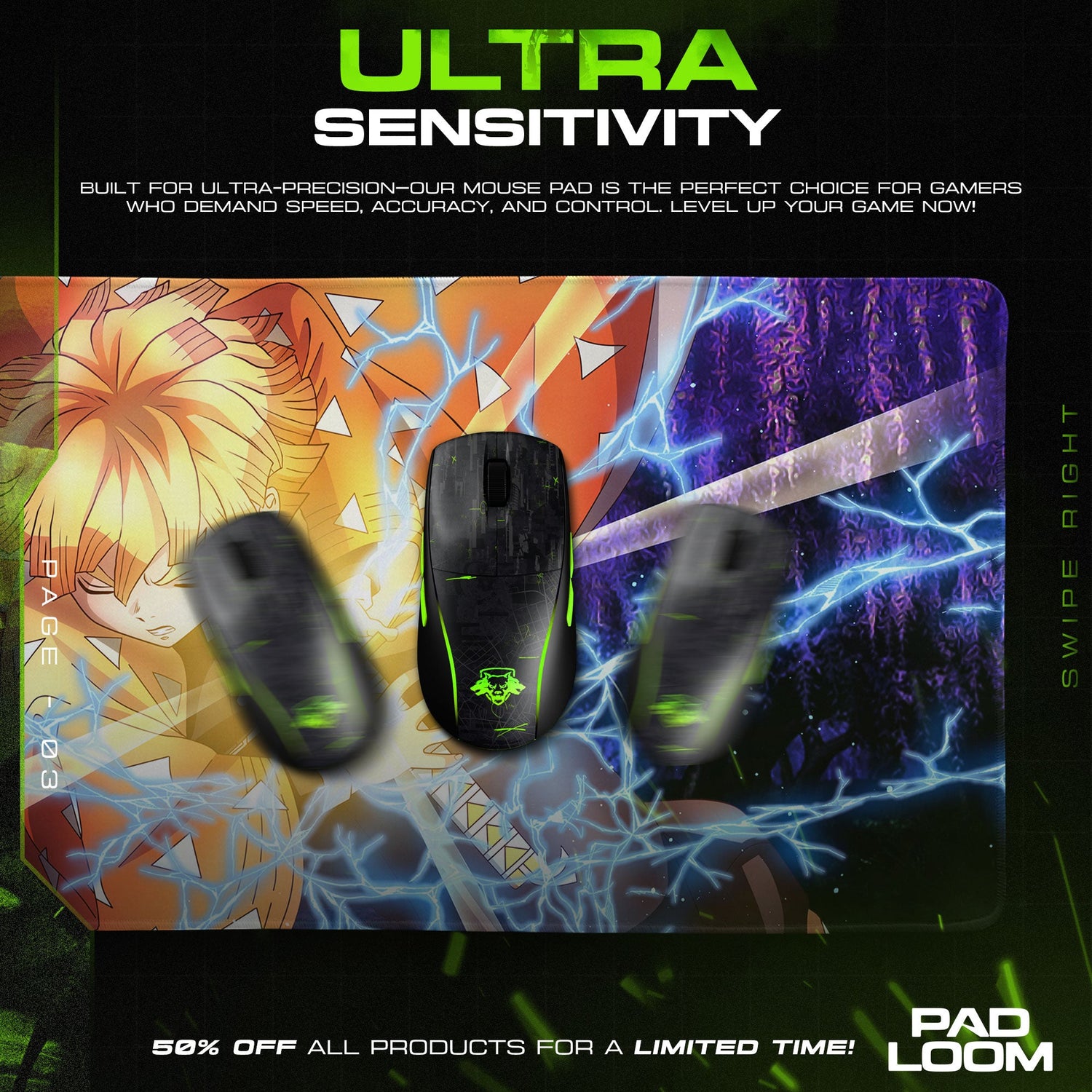 Zenitsu Thunder Strike Mouse Pad, Anime Gaming Desk Mat Padloom