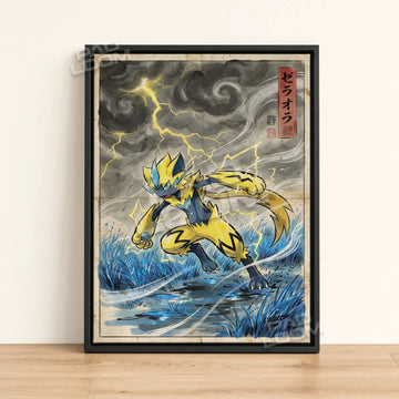 Zeraora Charging Pokemon poster - framed canvas wall art in a black frame