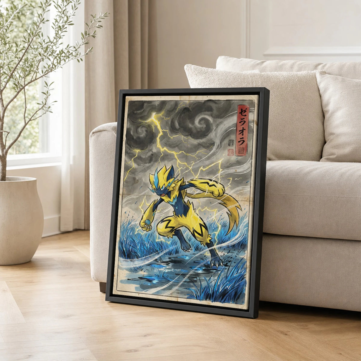 Zeraora Charging Pokemon poster leaning beside a sofa - living room wall art