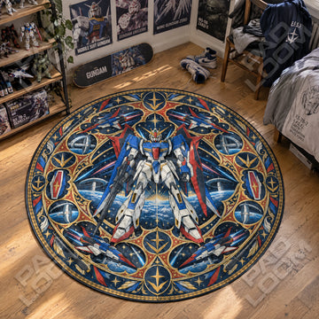 Zeta Orbit Gundam round rug on a bedroom floor - Gundam chair mat