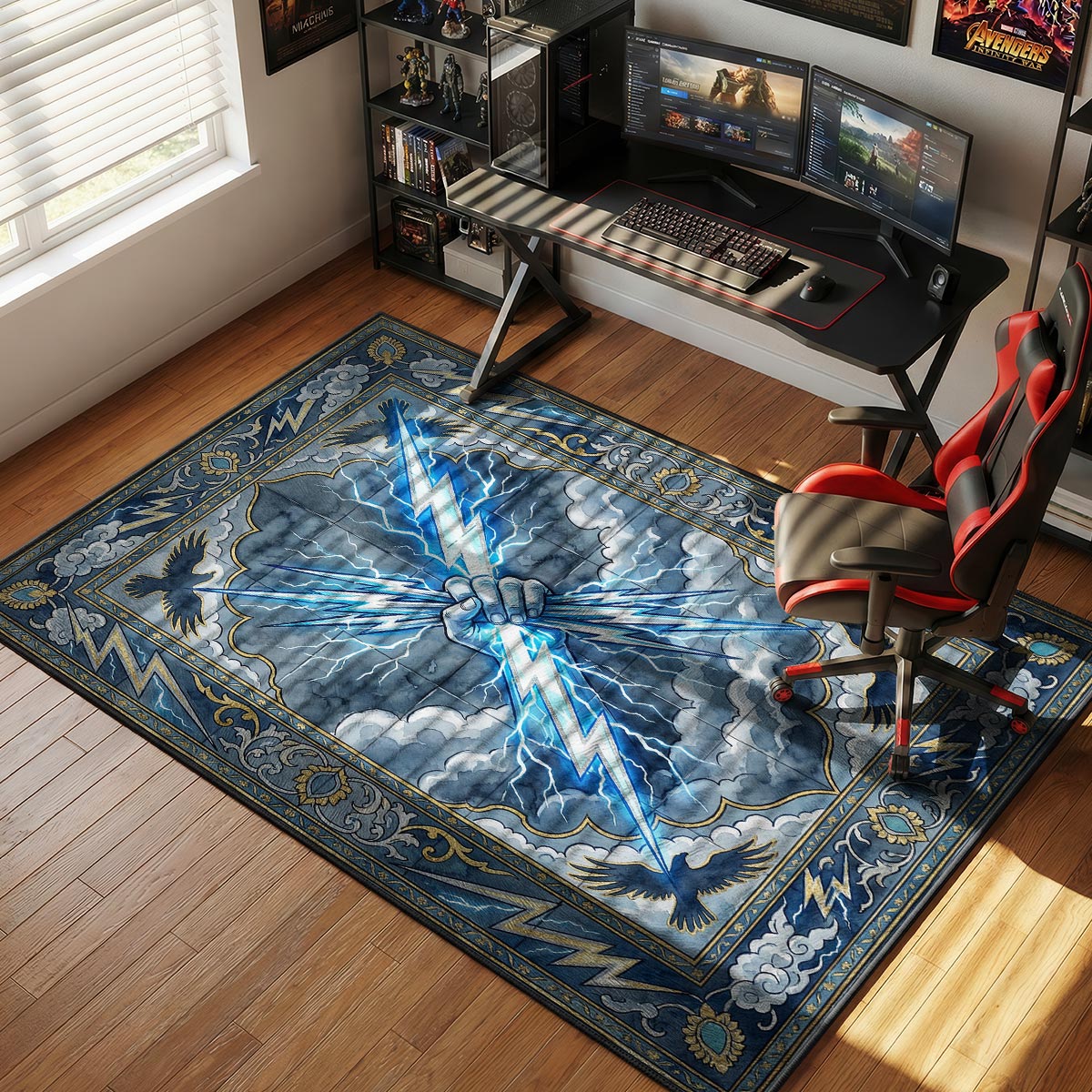 Zeus thunderbolt rug placed in a dark modern living room with metal accents and dim lighting