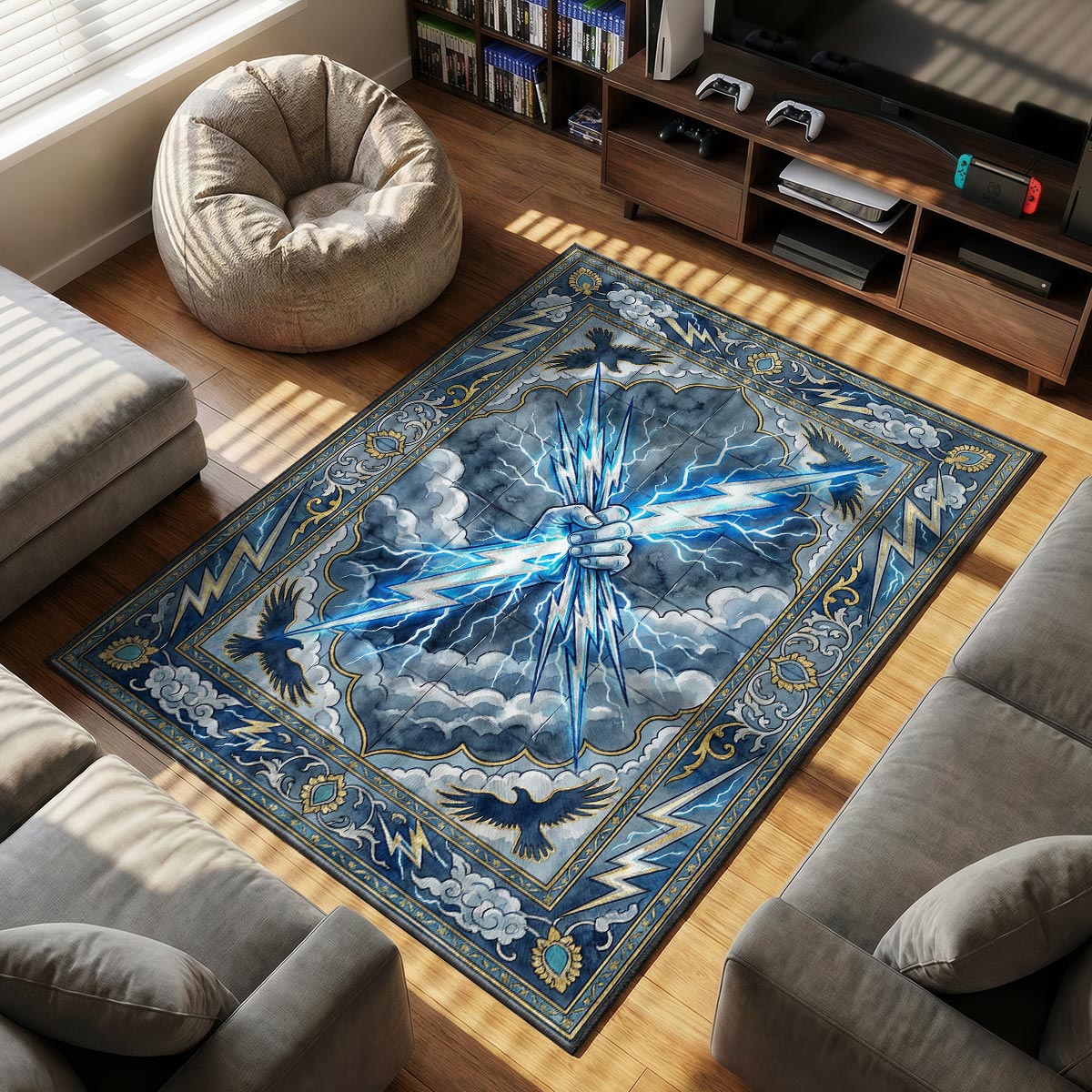 Close-up of Zeus rug showing electric blue lightning detail and cloud texture on plush fiber