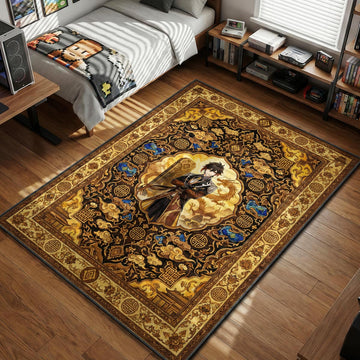 Zhongli standing with crossed arms surrounded by golden dragon and stone stele Liyue card art style gaming area rug and floor mat