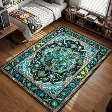 Zinogre howling with lightning effects in ornate tarot card style blue and gold gaming area rug and floor mat