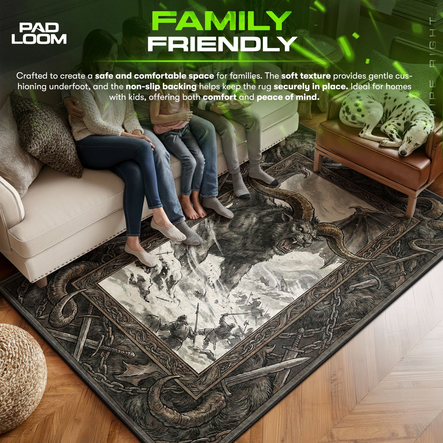 Zodd area rug showing full home decor artwork