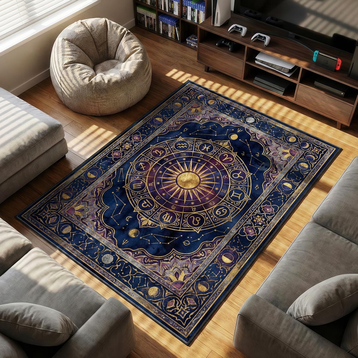 Close-up of zodiac wheel rug showing gold zodiac glyphs and constellation lines on velvet