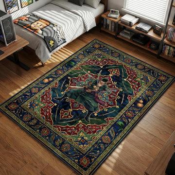 Roronoa Zoro performing Santoryu with three swords on a dark green and blue Persian style area rug and floor mat