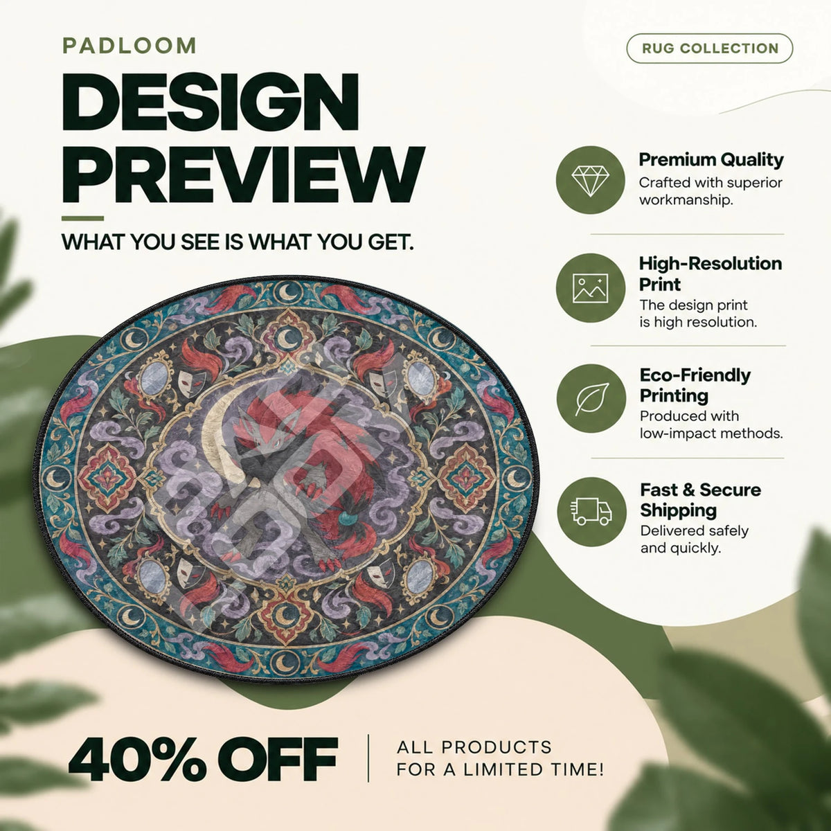 Zoroark Moonlit Pokemon round rug full design preview