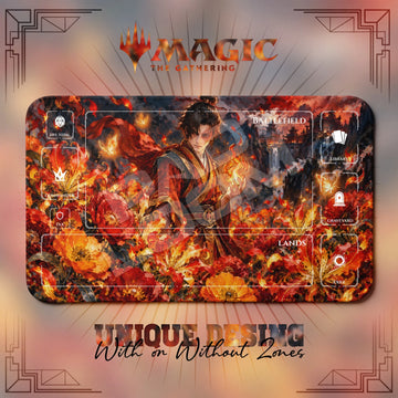 Zuko Blossom Avatar MTG playmat, red and orange art with play zones, 24 x 14 in