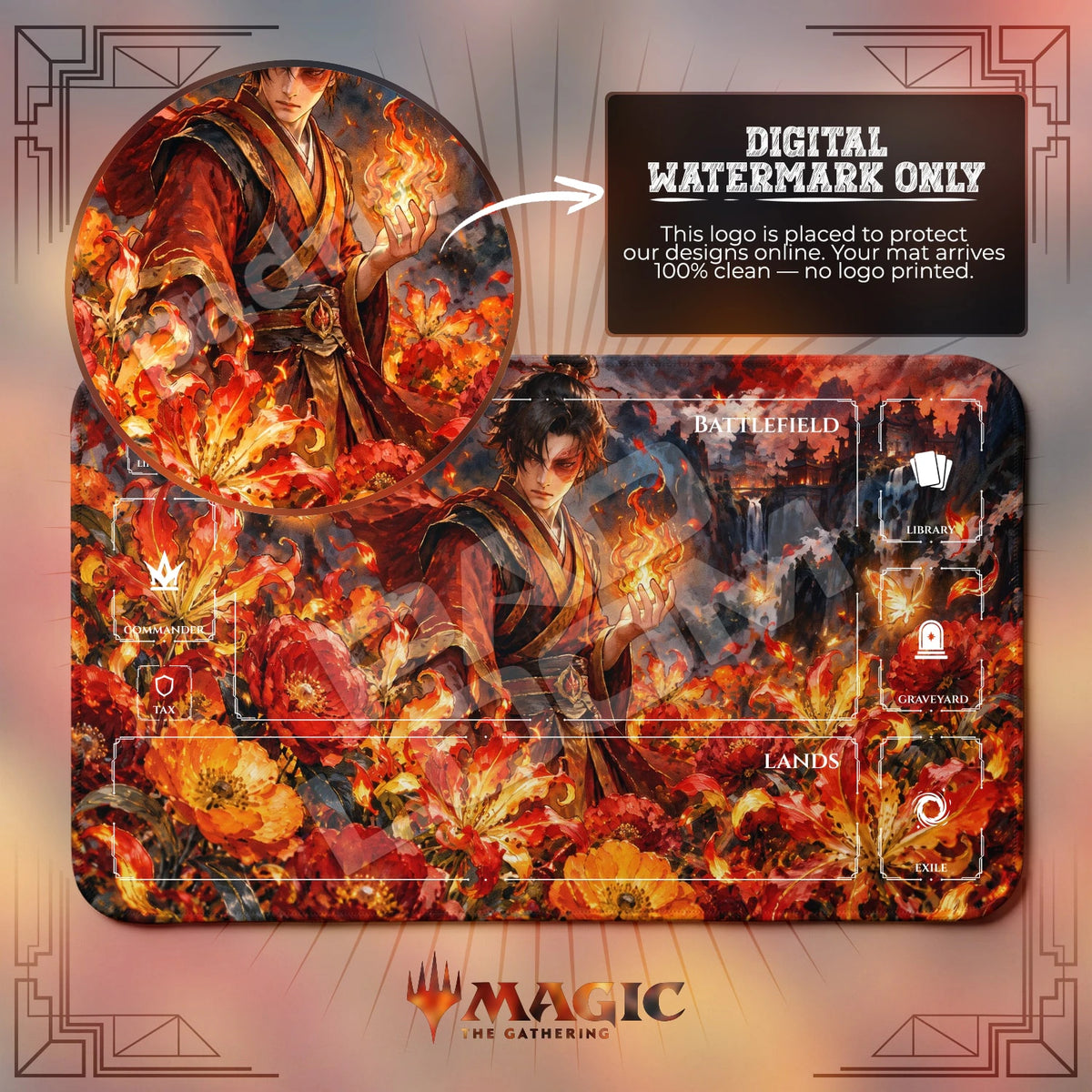 Zuko Blossom Avatar MTG playmat with zones; the Padloom watermark is digital only, not printed