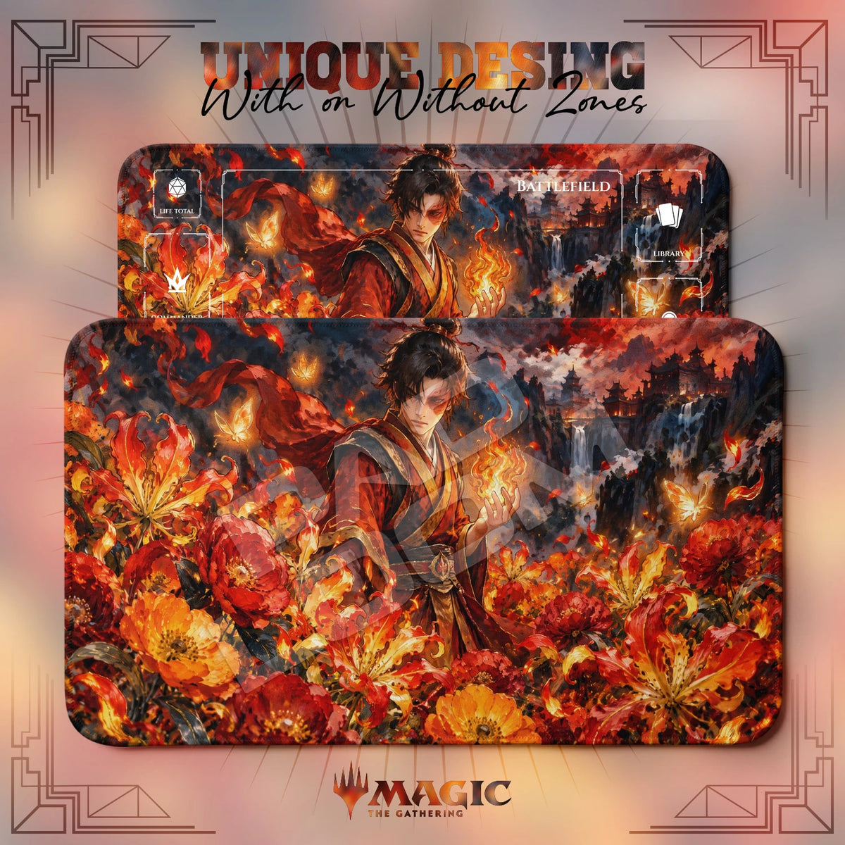 Zuko Blossom Avatar MTG playmat shown with zones and without zones