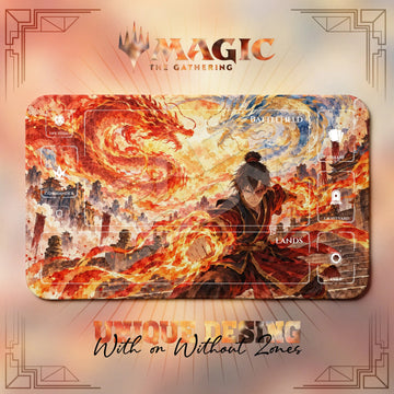 Zuko Dragon Avatar MTG playmat, orange and beige art with play zones, 24 x 14 in