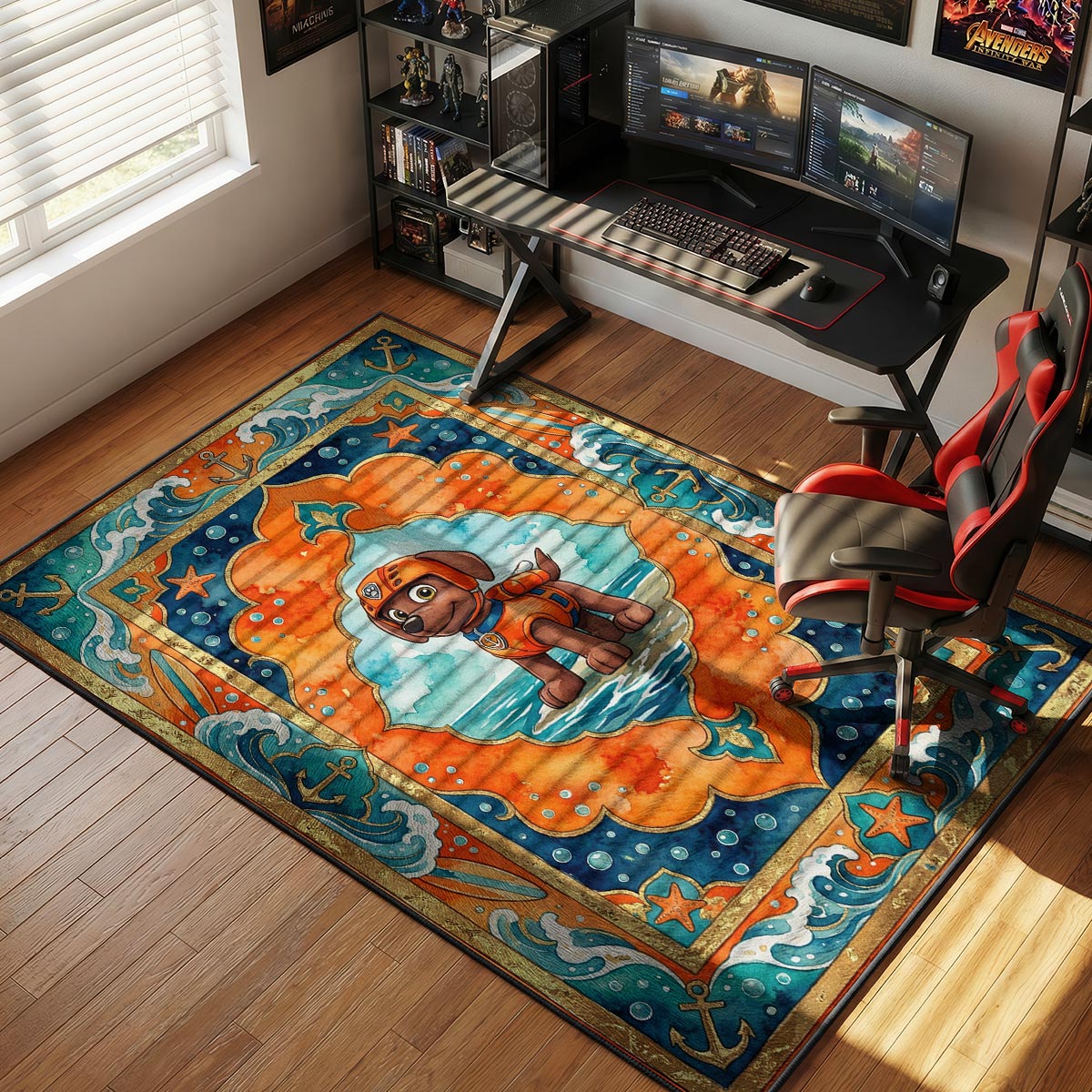 Zuma PAW Patrol rug placed in a beach-themed kids' room with light blue walls and wicker basket