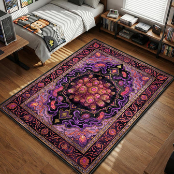 Cluster of Zurk enemies swarming in a purple and pink organic pattern illustration gaming area rug and floor mat